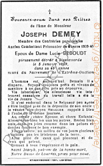 Joseph Demey epoux de Dame Lucie Deboudt, dcd  Steenvoorde, le 5 Janvier 1969 (65me anne).